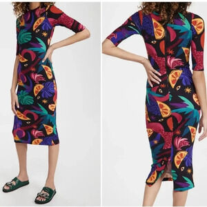 Farm Rio Mystic Jungle Dress 3/4 Length Sleeve Bodycon Size XS  Zipper Back
